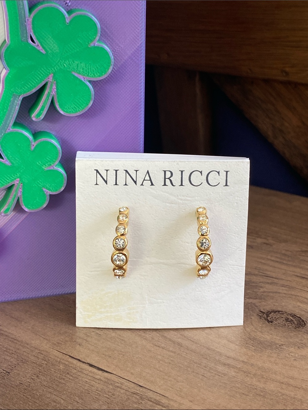Nina Ricci Gold Tone Crystal Accent Hoop Earrings